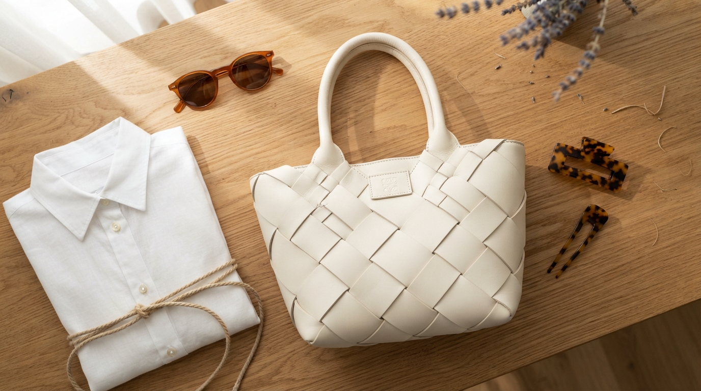 Ivory Woven Leather Bag & Linen Button-Down Shirt